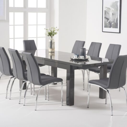 Extending Seattle 160cm Dark Grey High Gloss Dining Table with 6 Black Marco Chairs